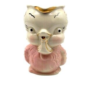 Vintage Shawnee Pottery Owl Chick Pitcher Creamer Pink & White w Gold Trim MCM